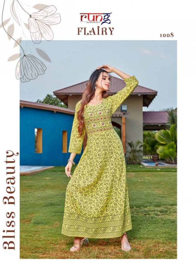 Rung Flairy Ethnic Wear Heavy Rayon Printed Designer Kurti Collection